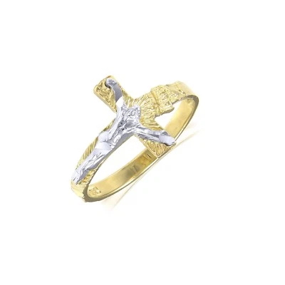 14K Solid Yellow White Gold Sideways Crucifix Cross Ring - Jesus Band Women Men - Image 1 of 3
