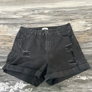 Rue 21 Shorts 14 Black Juniors Distressed Roll Up Goth Grunge Dark Mid Rise - Picture 1 of 9