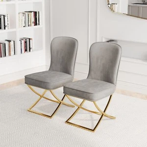 Set of 2 Velvet Dining Room Chairs Side Chair Golden Metal Legs Living Room Gray - Picture 1 of 8