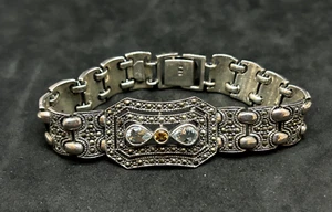 925 Sterling Marcasite Topaz and Citrine Bracelet 18.5mm 7in - 40.76g - Picture 1 of 3