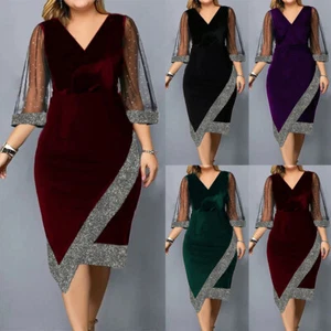 Plus Size Womens Mesh Half Sleeve Midi Dress Ladies Evening Cocktail Party Dress - Picture 1 of 18
