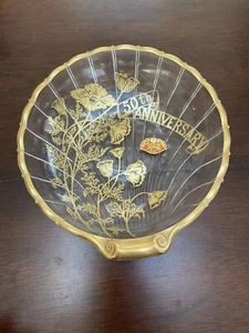 50th Anniversary Vintage Silver City Glass Shell Candy Dish 22K Gold on Crystal - Picture 1 of 5