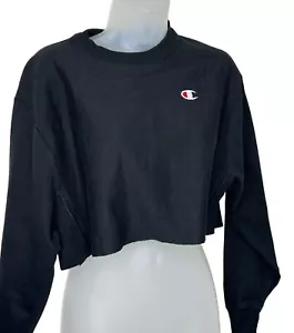 Sudadera Champion Tejido Inverso Pequeña Cuello Redondo Recortada Negra Grunge Y2K Street - Imagen 1 de 6
