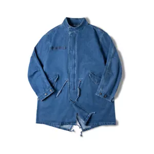 Men's Denim Fishtail Parka Windbreaker Vintage Casual Loose Long Coat Jacket - Picture 1 of 11