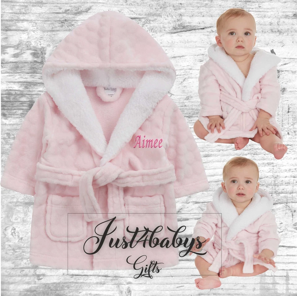 BABYTOWN Embroidered Personalised Soft Baby Dressing Gown Bath Robe EARS Pink circle