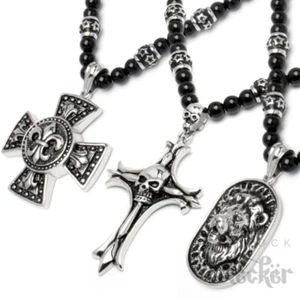 Cadena de perlas de ónix para hombre negra piedra preciosa león cruz lirio calavera acero inoxidable - Imagen 1 de 11