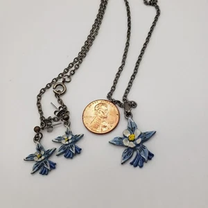 Vintage Set Of Blue & white Lily of the Valley Orchid Earrings and Necklace Set - Picture 1 of 7