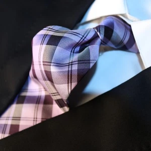 PAUL FREDRICK Lavender Purple Gray Checks Plaid Woven Silk Necktie 57"L x 3.5"W - Picture 1 of 11