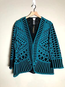 NUEVO CON ETIQUETAS Chico’s Mujer Tapiz Verde Azulado Frente Abierto Viajeros Chaqueta a Rayas Marroquí Talla L - Imagen 1 de 8
