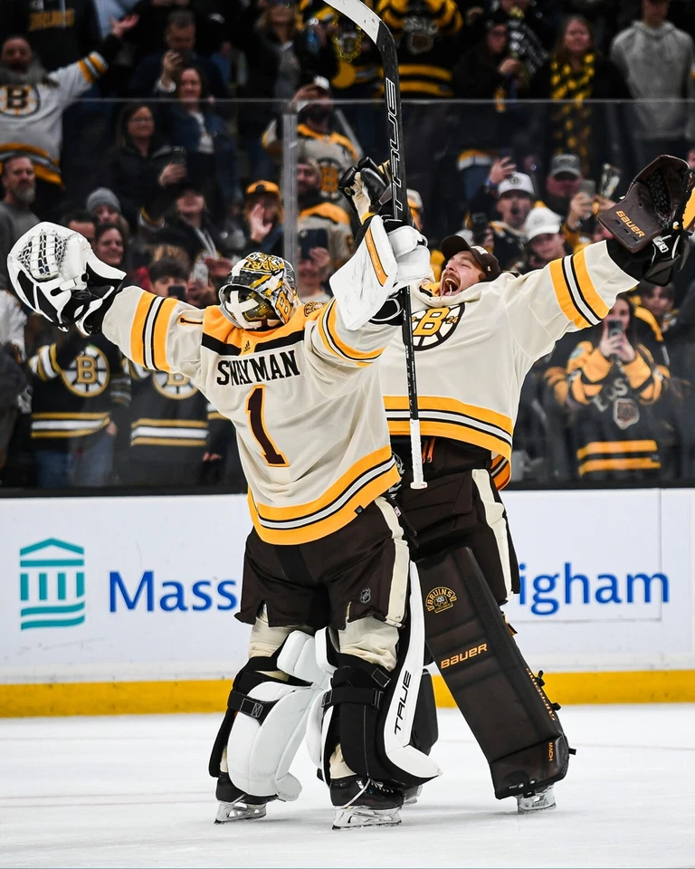 Linus Ullmark & Jeremy Swayman Centennial Hug Boston Bruins 8x10 NHL Photo - Image 1 of 1