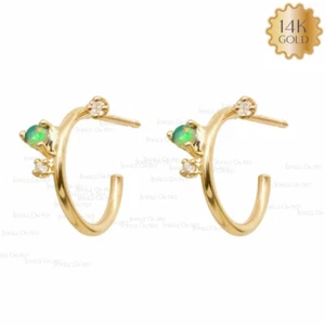14k Gold Diamond Opal Hoop Huggie Earrings-Everyday Wear Jewelry - Picture 1 of 5