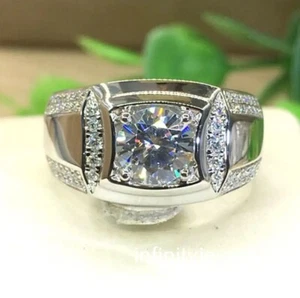 Men's Wedding Ring 2.86CT Lab-Created Round Cut VVS1 Diamond 14K White Gold Over - Picture 1 of 9