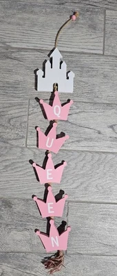 Girls Hanging Room Tiara Queen Decor Princess Dangling Pink & White 33" Long - Image 1 of 4