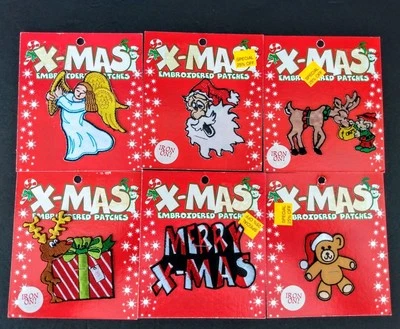6 Vintage 90's Christmas Patch Holiday Embroidered Iron On Patches New On Card - Image 1 of 4