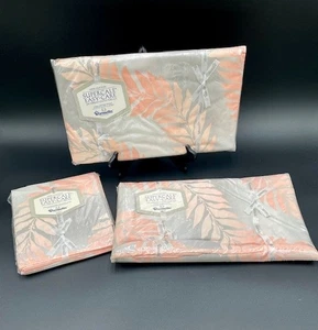 VTG Wamsutta Silk Garland Twin Sheet Set Fitted Flat Pillowcases Peach Grey Leaf - Picture 1 of 7