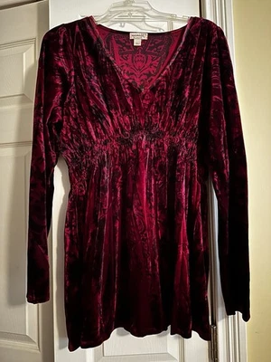 One World Crushed Velvet Tunic Top Crimson Red Womens Sz XL V-neck Boho Gothic - Image 1 of 4