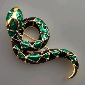 Vtg Green Black Snake Brooch Gold Tone Serpent Harlequin Emerald Enamel Coil Pin - Picture 1 of 6