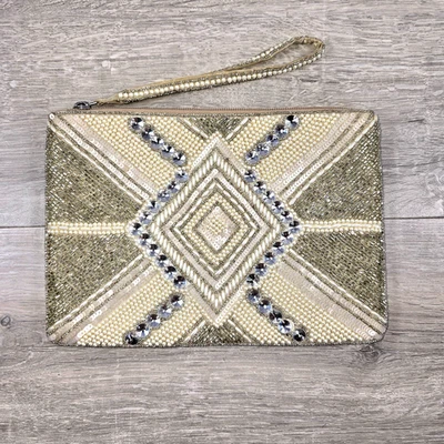 Beaded Clutch Evening Bag Formal Cocktail Purse Wristlet Satin Pearls Art Deco - Image 1 of 4