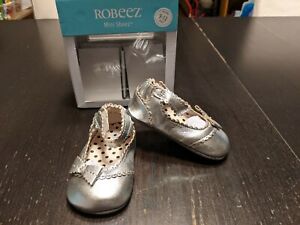 NIB Robeez Mini Shoez Catherine Silver Leather Baby Girl Shoe 9-12 Mo/4