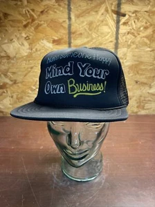 Vintage MIND YOUR OWN BUSSINESS Black Novelty Trucker Foam & Mesh Snapback Hat - Picture 1 of 10