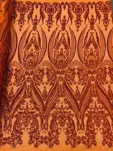 Damask Fabric - Holographic Burnt Orange - Embroidered Design on Mesh By Yard - Picture 1 of 4