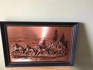 Vintage JOHN LOUW Copper 3-D U.S Mail Stagecoach Framed Art - - Picture 1 of 5