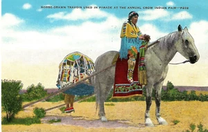 Postcard Native American. 'Horse-Drawn Travois Used in Parade at Crow Fair.' UNP - Picture 1 of 2