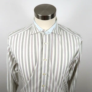 Thomas Dean Mens Long Staple 2 Ply LS Button Down White Black Striped Shirt L - Picture 1 of 10
