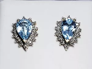 Amazing 14k Yellow Gold Pear Shaped Blue Topaz & Diamond Earrings/ Aretes de Oro - Picture 1 of 10