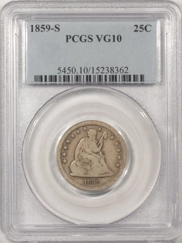 1859-S SEATED LIBERTY QUARTER - PCGS VG-10, RARE DATE! Cover
