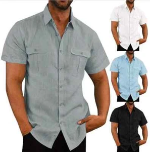 Cotton Linen Men Shirt Short Sleeved Summer Casual Solid Colour Stand Up Collar - Picture 1 of 19