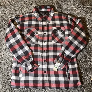 NWT Ecko Unlimited Fleece Lined Plaid Flannel Red White Black Snap Up Shacket L - Picture 1 of 24