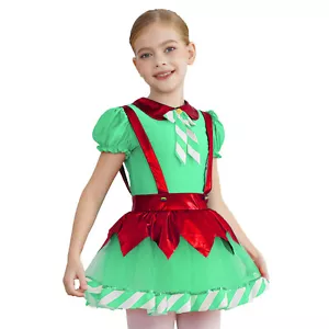 Girls Christmas Candy Cane Costume Puff Sleeve Ballet Dance Tutu Dress Leotard - Picture 1 of 33