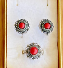 Vintage Set Russian Ring Earrings Sterling Silver Jewelry 925 Coral Women