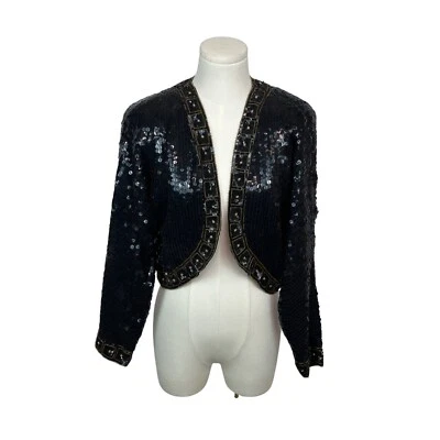 Jaqueta bolero lantejoulas preta vintage dos anos 80 com acabamento dourado e mangas compridas tamanho XS/S - Imagem 1 de 4