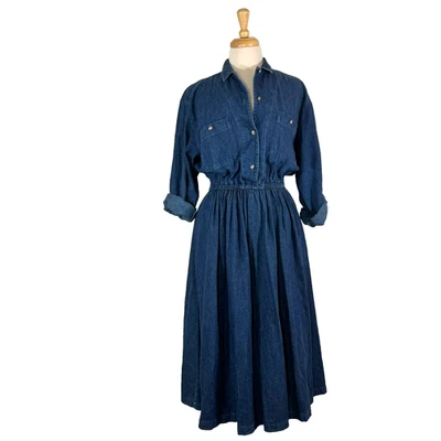 VTG Eddie Bauer Denim Long Sleeve Dress Pockets Button Front Size M - Image 1 of 4
