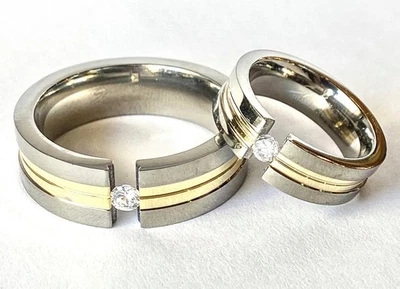 Solid Titanium Gold IP Center Gem Wedding Band Size 5,6,7,8,9,10,11,12,13 (f188) - Image 1 of 4