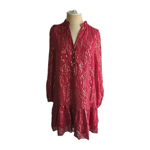 Lilly Pulitzer Evaline Malbec rotes Seidenkleid Gr. 4 metallische Rüschen Langarm - Bild 1 von 11