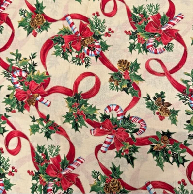 VTG Cranston Christmas Fabric Holly Candy Cane Bow Joanne Messmore 18x44 by 1/2Y - Image 1 of 4