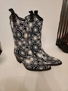 BLAZIN ROXX Layla Cowboy Rain Boots Black White Spirals Outdoor 58106 Sz 9 Women - Picture 1 of 7