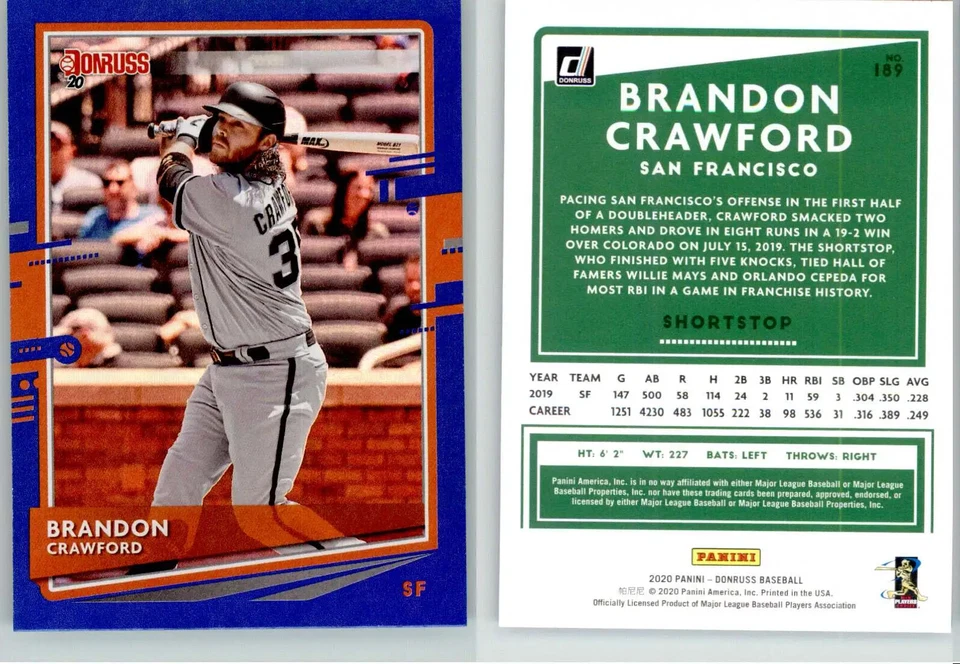 Brandon Crawford 2020 Donruss Holo Blue #189 Giants - Image 1 of 1