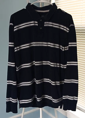 男式 Aeropostale 深蓝色和白色条纹长袖 Polo 尺寸 L — 第 1/2 张图片