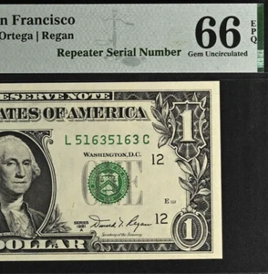 1981A $1 Federal Reserve Note PMG 66EPQ fancy repeater serial number 51635163 - Picture 1 of 3