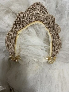 VTG Bridal Cap Beaded Headpiece Wax Flowers - Picture 1 of 9