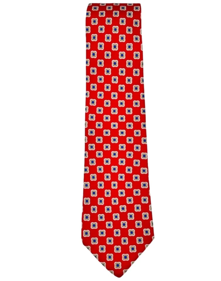 Roundtree & Yorke Classics Repp Tie Red Gold Blue White 100% Silk Hand Sewn 59" - Image 1 of 4