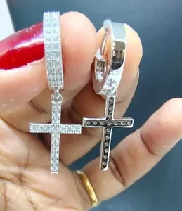 14k White Gold Men 1.50CT Lab Grown Diamond Cluster Drop Dangle Cross Earrings - Picture 1 of 15