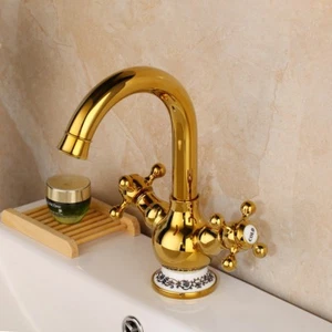 360° Swivel Bathroom Ceramic 2 Handles Sink Golden Brass Tap Vessel Mixer Faucet - Bild 1 von 8
