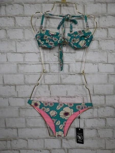 $156 Wildfox Emerald Floral BIkini Top XS & Reversible Bikini Bottom Set S W262 - Picture 1 of 9