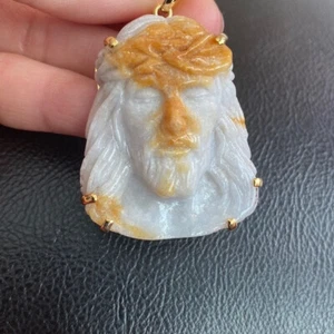 14K Echt Massiv Gold Natürliche Jade Geschnitzt Jesus Christus Kopf Anhänger Groß Männlich - Bild 1 von 14
