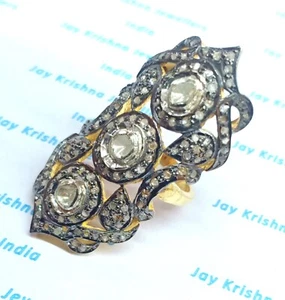 Natural Polki Diamond Ring, 925 Sterling Silver Slice Diamond Victorian Rings - Picture 1 of 11